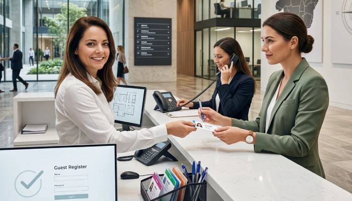Recepcionistas treinados para atendimento e controle de acesso de visitantes